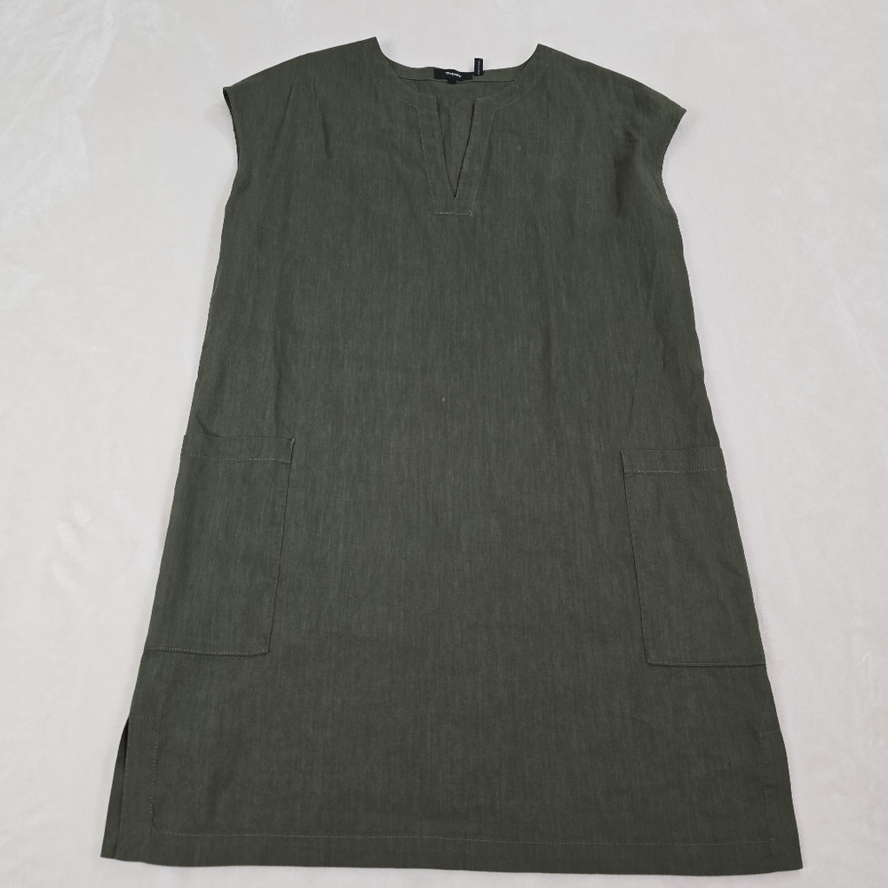 Theory Linen Blend V-Neckline Short Sleeve Shift Dress Khaki Green Size M Boho